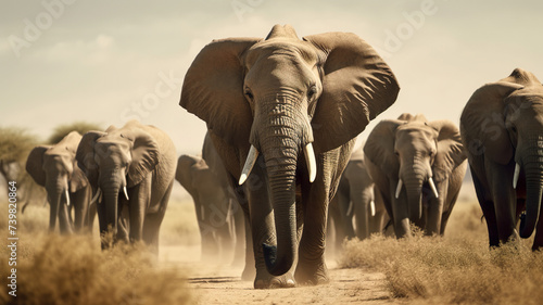 Small Flock Of Majestic Elephants In The Savannah Running Towards The Camera - Generative AI © FotoIdee