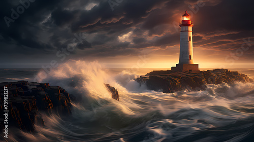 Lighthouse in stormy ocean digital concept illustration