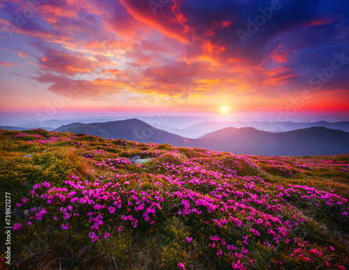 Attractive field of flowering rhododendrons at sunset. Carpathian mountains, Ukraine.