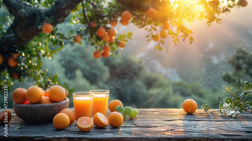 Freshly squeezed orange juice in glasses with ripe oranges on a rustic wooden table, bathed in warm morning sunlight. photo
