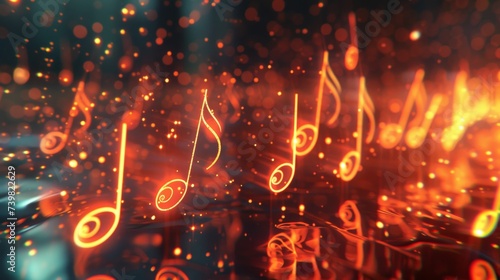 Glowing music sheets notes on beautiful lights bokeh background.
