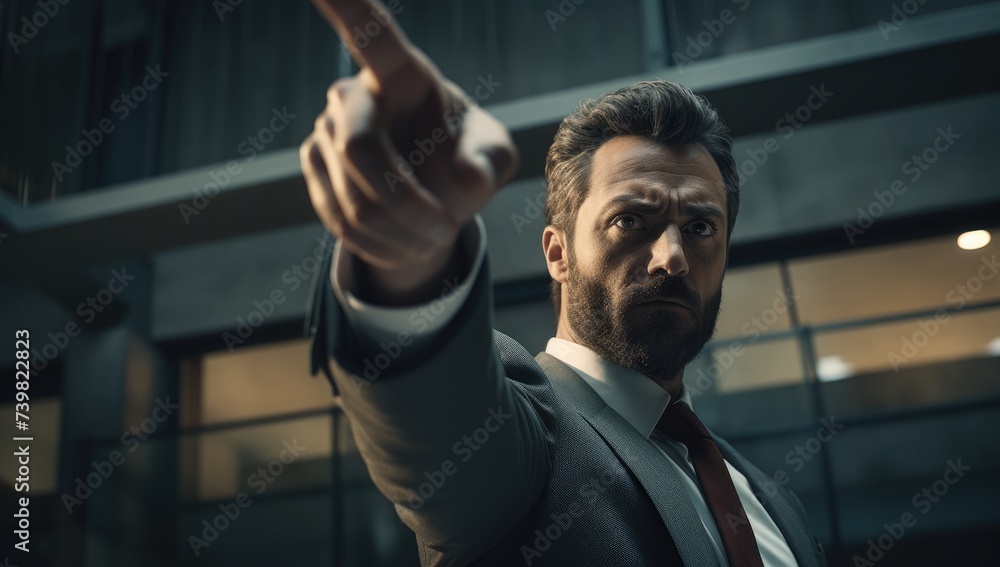 With anger evident, a businessman points sternly with his finger, conveying his strong feelings or dissatisfaction - obrazy, fototapety, plakaty 