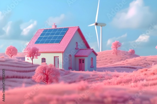 Eco-friendly house featuring solar panels on the roof and a wind turbine in the background, embodying the self-sustaining home concept on a clear sunny day. photo