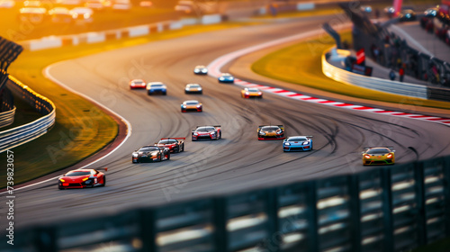 Panoramic View of a Grand Prix Race Track During Golden Hour, Dynamic Motorsport Event with Spectators and Racing Cars Speeding on the Circuit photo