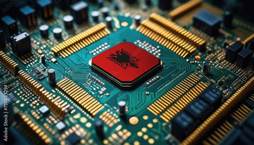 Albania flag on a processor, CPU or microchip on a motherboard. Concept for the battle of global microchips production. Albania flag on a processor, CPU or microchip on a motherboard. Concept for the battle of global microchips production.