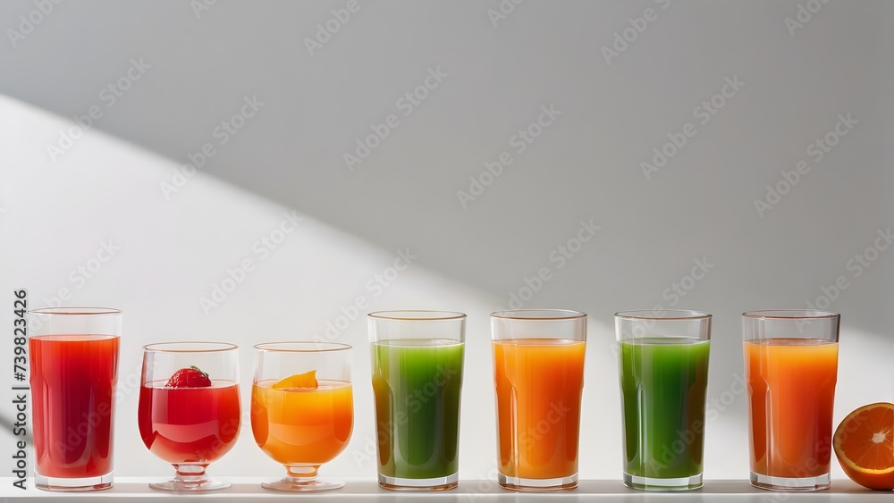Colorful fruit juices in glasses. Health and wellness content. Colorful fruit juices in glasses. Health and wellness content.