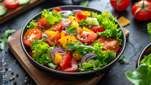 Fresh vegetable salad with tomatoes and red onion on black background, healthy food