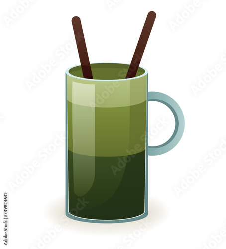 Green drink of colorful set. This artwork offers a delightful portrayal of a matcha latte, combining illustration and design elements to evoke a sense of tranquility. Vector illustration.