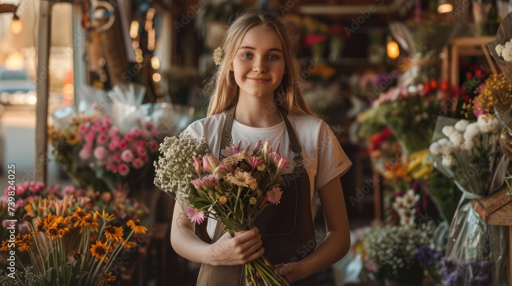 Girl in apron, saleswoman in flower shop looking at camera and smiling, small business, selling flowers