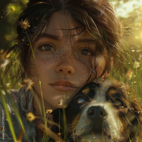 a girl with freckles is sitting in the grass with a border collie dog
