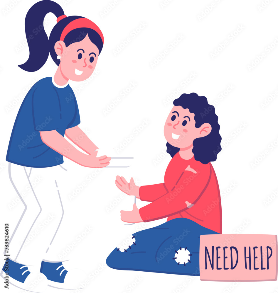 Female Character Gives Food Donation to Homeless Woman who Need Help on National Poverty Awareness Month in America Female Character Gives Food Donation to Homeless Woman who Need Help on National Poverty Awareness Month in America