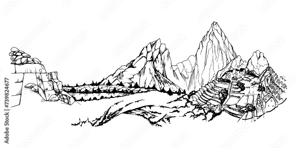 Hand drawn ink vector illustration, mountain landscape scenery Central South America, hills plane, Machu Picchu terraces. Isolated on white background. Design travel, vacation trip, brochure, print