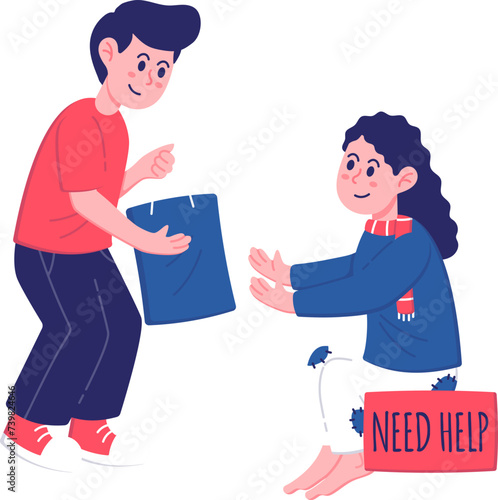 Male Volunteer Character Gives Charity to Poor Women on Street who Need Help during National Poverty Awareness Month in America