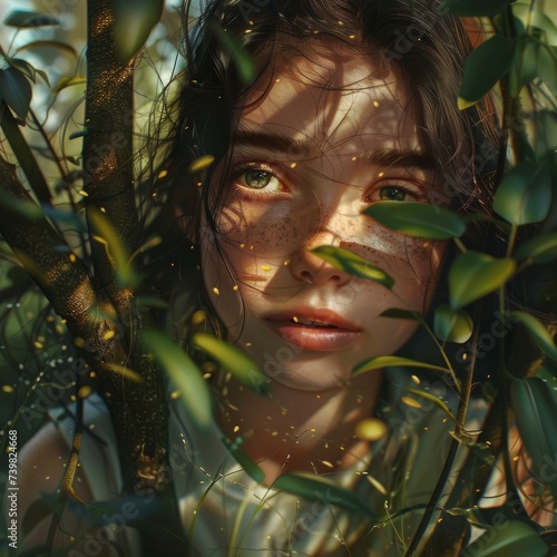 Young girl with a sad face looks forward behind the branches of the bushes 