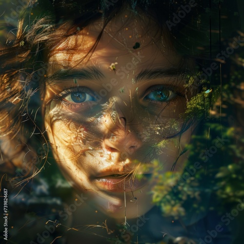 The girl looks forward through a small haze and with pieces of plants on her skin