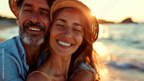 Close-up of a smiling couple on a beach at sunset representing love, happiness, relationships, and vacations.