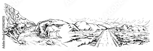 Hand drawn ink vector illustration, mountain landscape scenery Central South America, highway road plane, cliffs river rapids. Isolated on white background. Design travel, vacation, brochure, print