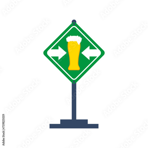 Glass of beer and road sign with arrows. Vector drawing.
