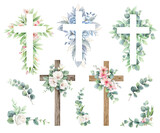 Watercolor vector religious crosses with eucalyptus branches, flowers and leaves. Eastern Catholic symbol. Design elements first communion, church holidays.Hand drawn illustration.