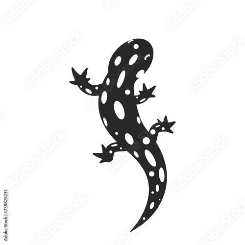 Fire salamander logo amphibian black with white spots top view isolated on white background, lizard in negative space style, tattoo template.
