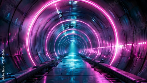 Science fiction tunnel with neon lights photo