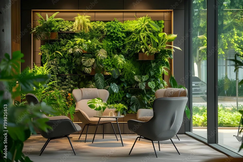 Business meeting takes place in a green office environment where plants are integrated into workspace design, promoting well-being and productivity in a modern and airy setting.