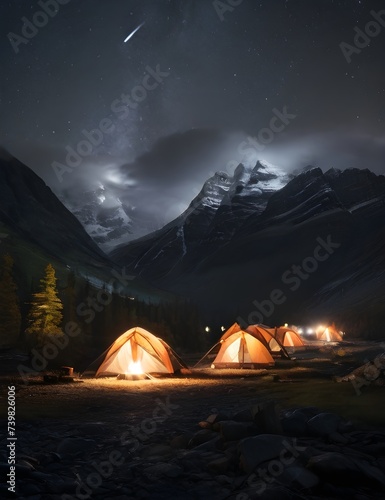 Long exposure of camp by mountains at night Generative AI