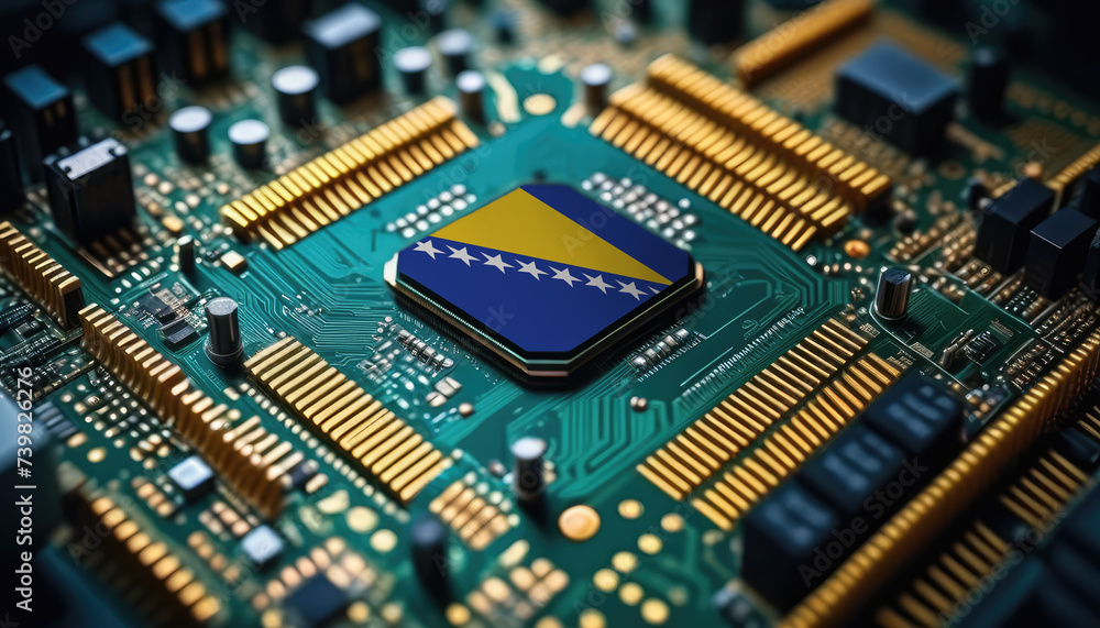 Bosnia and Herzegovina flag on a processor, CPU or microchip on a motherboard. Concept for the battle of global microchips production. Bosnia and Herzegovina flag on a processor, CPU or microchip on a motherboard. Concept for the battle of global microchips production.