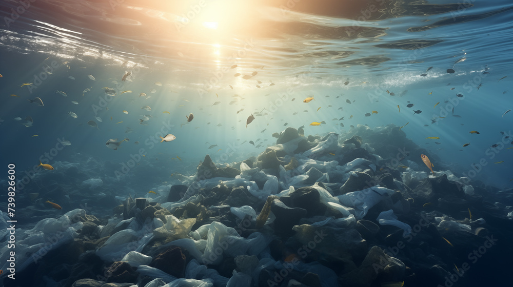 Naklejka premium Environmental problems of plastic waste pollution in the ocean. Plastic pollution in the ocean. Plastic bag in the ocean