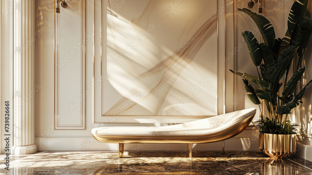 interior design, main hall, and living room in Luxurios marble. an unusually shaped ivory marble bench with brass details. Neo-classical style combined with modern elements.  - obrazy, fototapety, plakaty 
