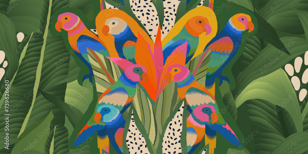 Exotic botanical abstract pattern with parrots. Colorful playful contemporary seamless pattern. Hand drawn unique print. Exotic botanical abstract pattern with parrots. Colorful playful contemporary seamless pattern. Hand drawn unique print.