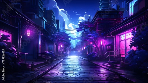 Tokyo City Alleys at Night  magenta  purple  neon  3D anime illustration style