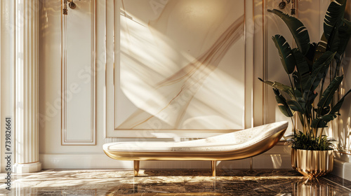 interior design, main hall, and living room in Luxurios marble. an unusually shaped ivory marble bench with brass details. Neo-classical style combined with modern elements.  photo
