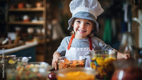 Happy Child Chef in Kitchen with Colorful Preserved Foods