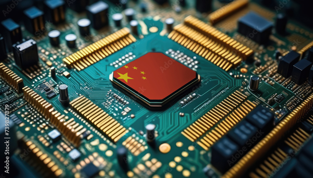 China flag on a processor, CPU or microchip on a motherboard. Concept for the battle of global microchips production. China flag on a processor, CPU or microchip on a motherboard. Concept for the battle of global microchips production.