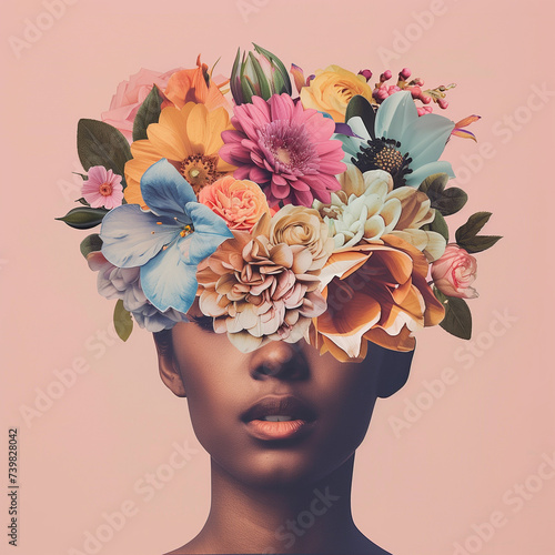 Abstract contemporary art collage portrait of young woman with flowers, retro colors. Gender equality © Femmes.Digital