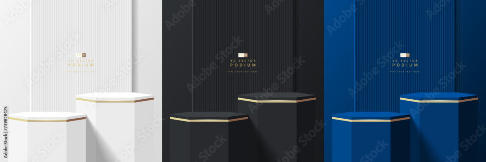 Set of luxury white, black and blue steps 3D hexagon podium pedestal realistic or product display stand with vertical shape background. Minimal wall scene for mockup. Stage for showcase. - obrazy, fototapety, plakaty 