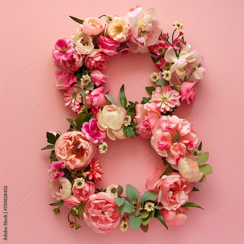 Number eight decorated with flowers on a pink background. March 8 international women's day. Nature Trendy Design. Happy Mother's Day. 