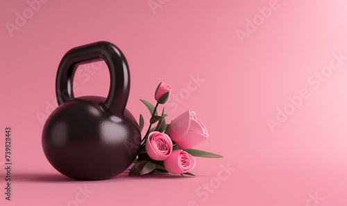 Creative design with a black kettlebell and flowers on pink background. Happy women's Day. 8 march. Copy space. photo