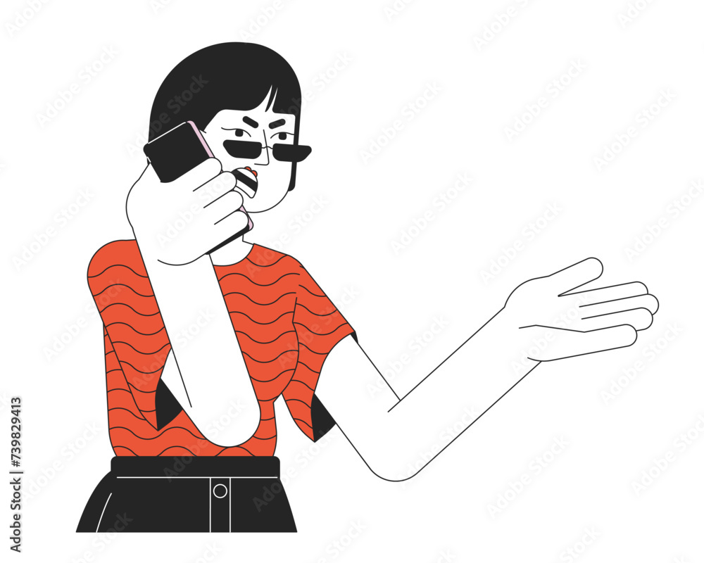 Korean girl screaming into phone 2D linear cartoon character. Conflict over cellphone female isolated line vector person white background. Emotional body language color flat spot illustration
