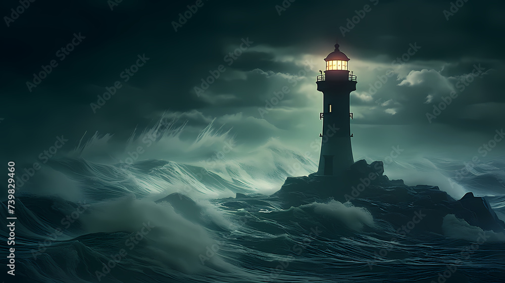 A lighthouse in the middle of a large body of water with waves in front