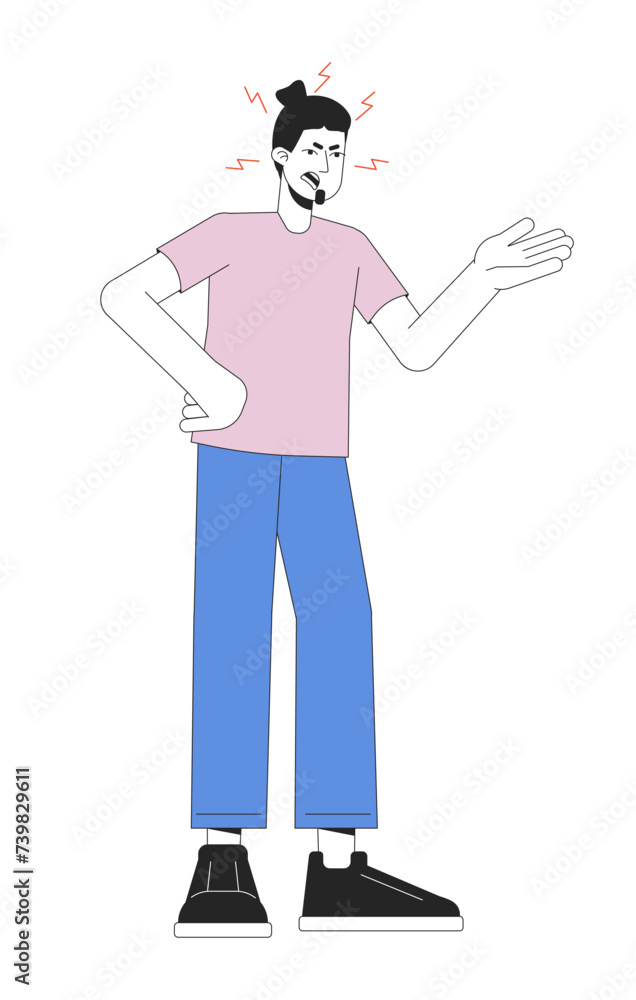 Caucasian man bickering 2D linear cartoon character. Bad mood adult guy isolated line vector person white background. Gesture body language, emotional expression color flat spot illustration