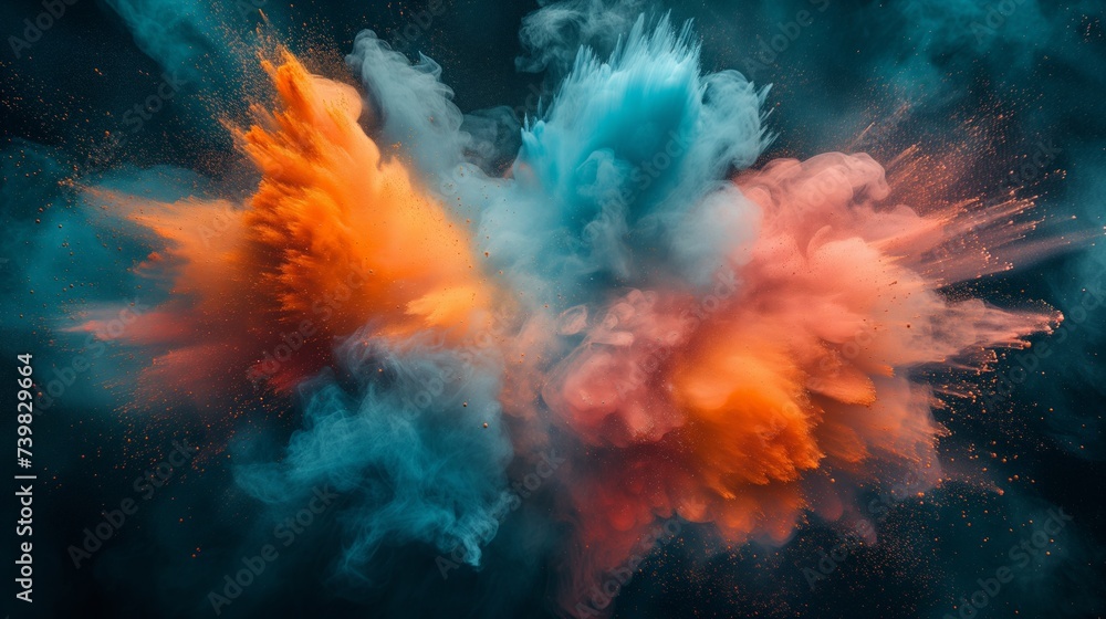 Dynamic Clash of Orange and Teal Dust Explosions in Dark Ambience