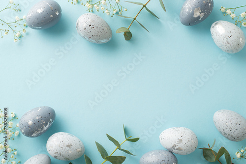 Festive Easter composition: Directly top view of beautiful grey eggs, gypsophila blooms, and eucalyptus branches arrayed on a pale blue ground, with a vacant spot for textual content or advertising photo