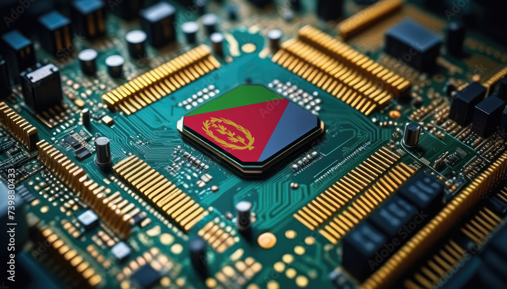 Eritrea flag on a processor, CPU or microchip on a motherboard. Concept for the battle of global microchips production. Eritrea flag on a processor, CPU or microchip on a motherboard. Concept for the battle of global microchips production.