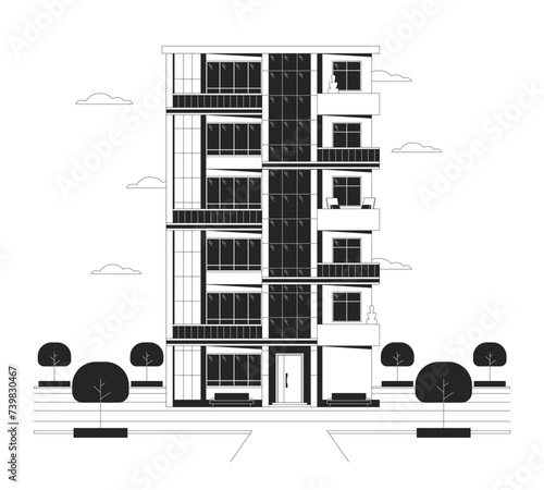 Flats apartment multistory black and white cartoon flat illustration. Condominium multi-storey building 2D lineart object isolated. Estate complex property monochrome scene vector outline image