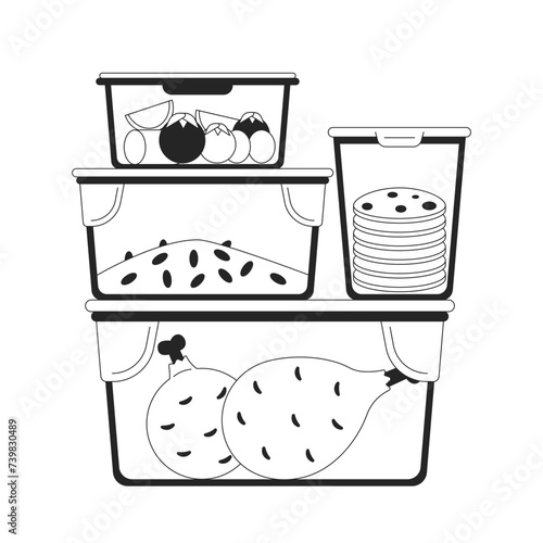Meal prep containers plastic black and white 2D line cartoon object. Plastic food packaging isolated vector outline item. Lunch boxes. Storage leftovers monochromatic flat spot illustration