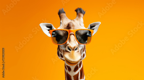 Stylish giraffe sporting orange sunglasses against a vibrant orange background