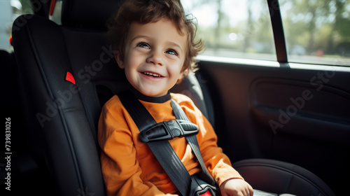 Cheerful toddler boy smiling while buckled in a car seat, safety and happiness on the road © Robert Kneschke