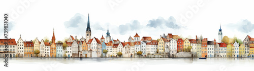 Panoramic watercolor illustration of european cityscape along river